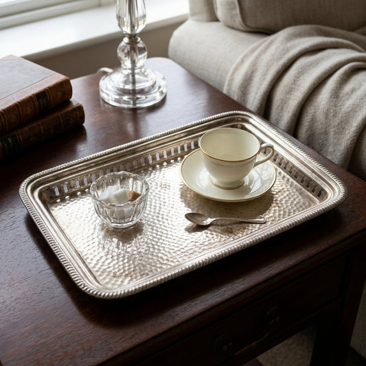 Antique Silver Coated Brass Serving Tray | Silver Plated Brass Decorative Tray | Made in 1980