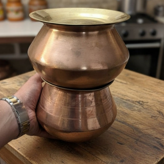 1972 Antique Copper Cooking Bowl Pair With Brass Lids | Traditional Serve & Display Set