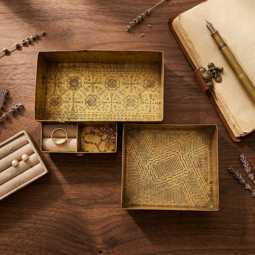 Antique Brass Jewelry Storage Box Set | Pure Brass Decorative Trinket Boxes | Made in 1980