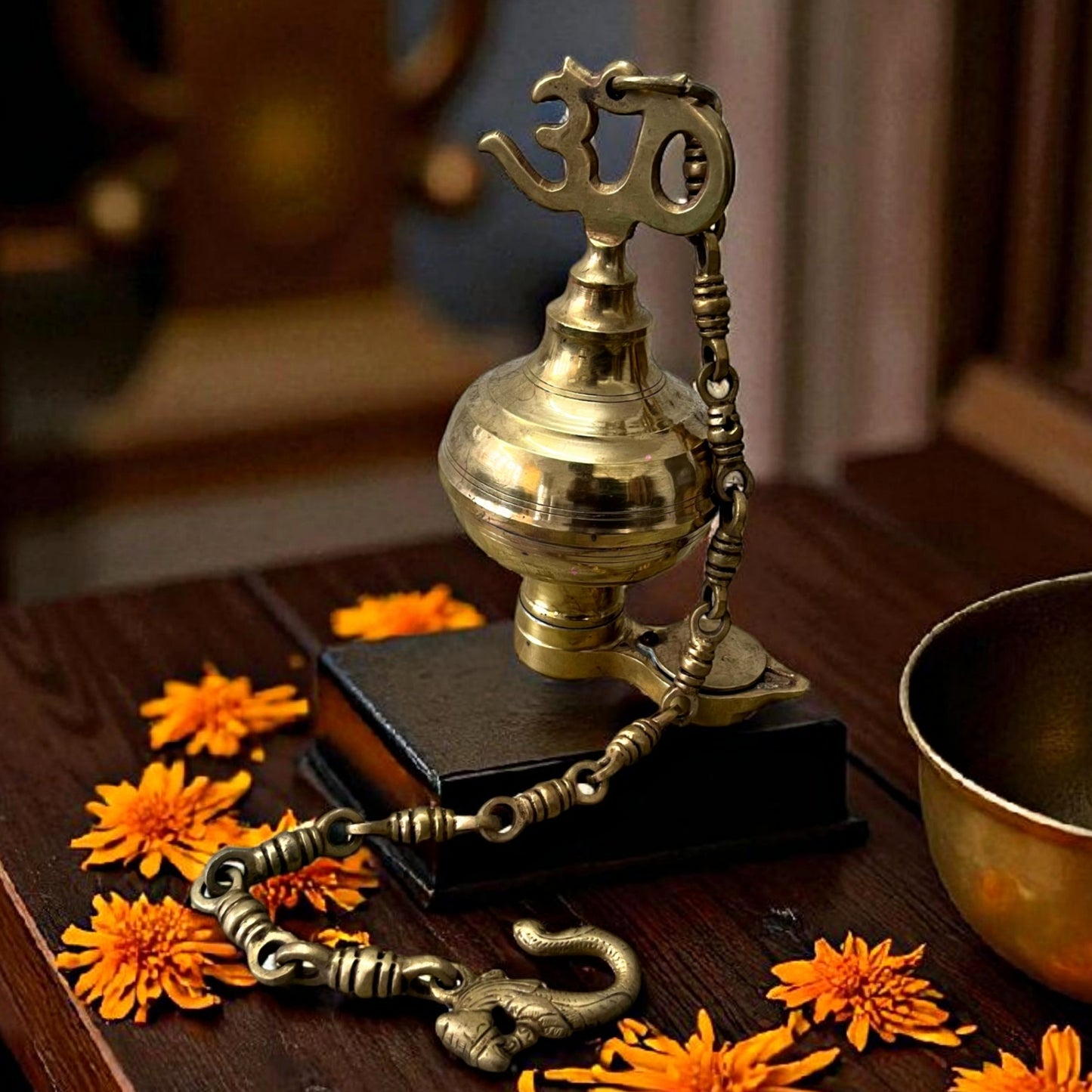 Antique Brass Hanging Oil Lamp with Om Design | Traditional Lamandiva Décor
