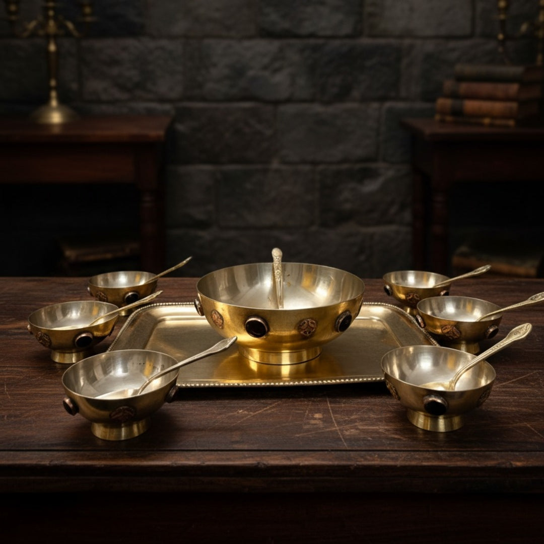 1979 Antique Brass Dessert Set with Décor Bowl & Tray | Traditional Dining & Display Collection