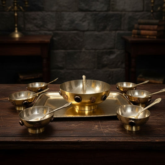 1979 Antique Brass Dessert Set with Décor Bowl & Tray | Traditional Dining & Display Collection