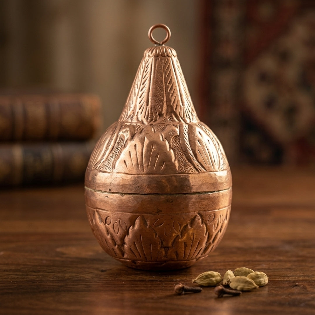 Antique Tamba Gourd-Shaped Lidded Container | Engraved Copper Spice Box | Made in 1970