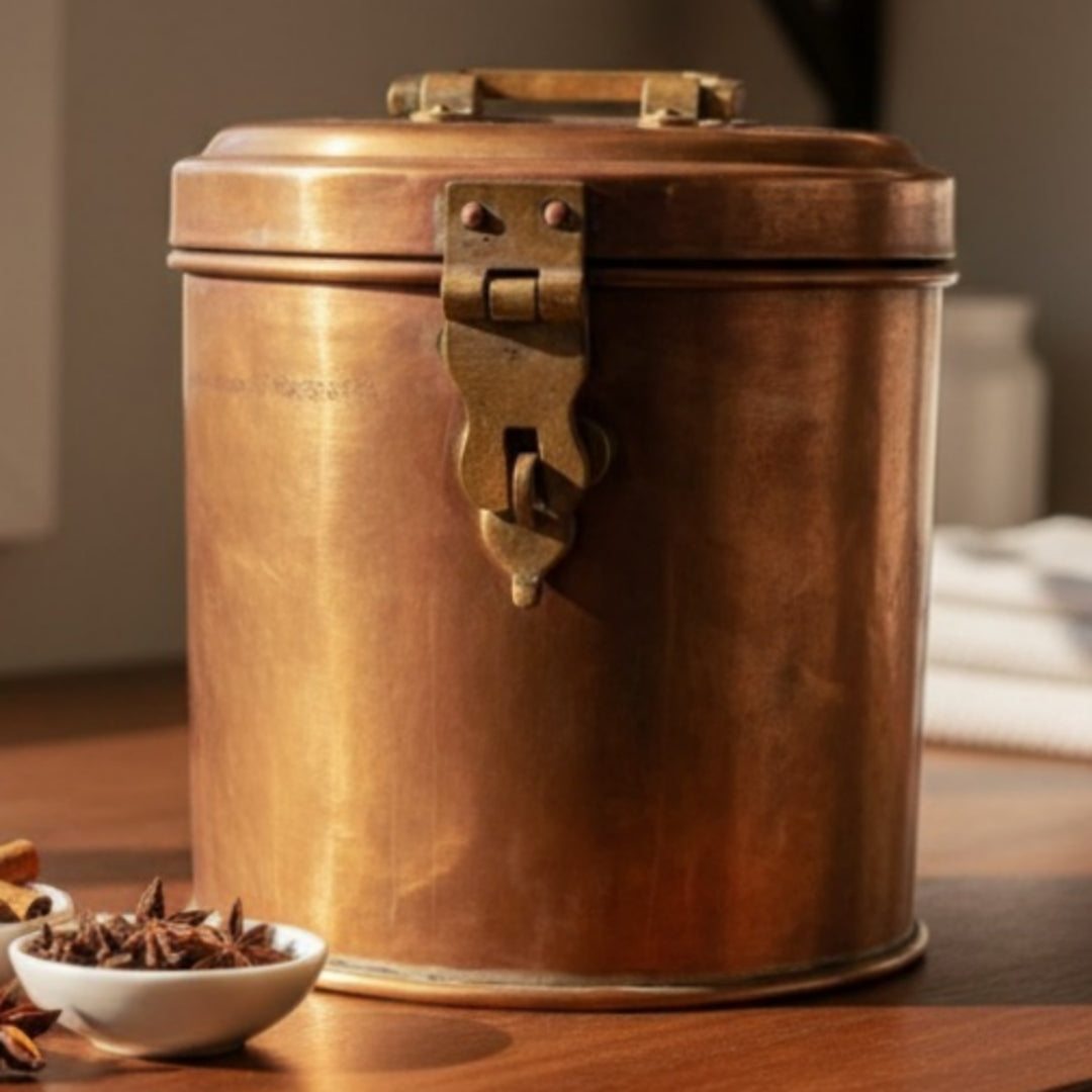 1980 Antique Brass Storage Box with Lock & Glass Insert | Tall Brass Kitchen Utility Box - Bombay Antiques