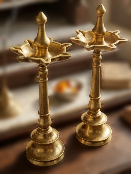1973 Antique Brass Samay in Pair | Decorative Brass Lamps - Bombay Antiques