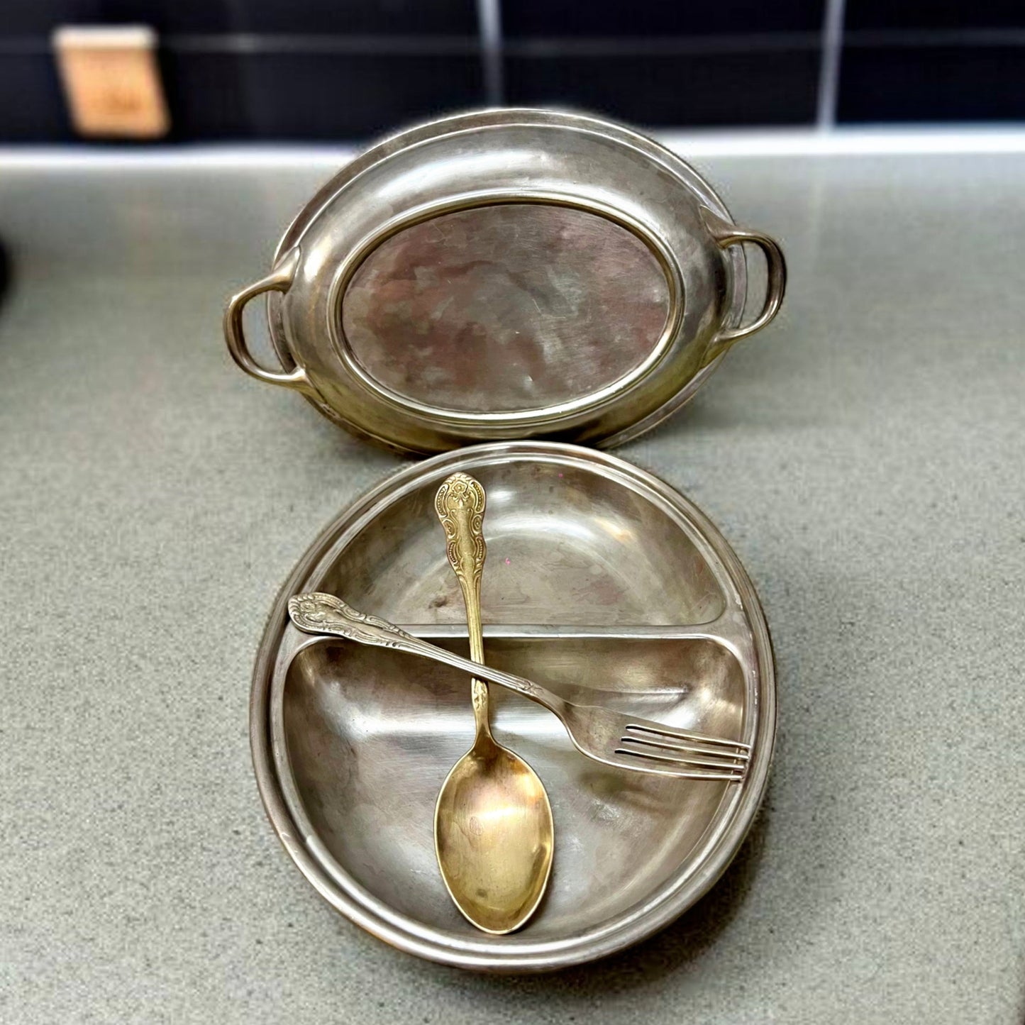 Antique Brass Silver Coated Dish with Lid & Spoons | Traditional Serveware & Decor Piece