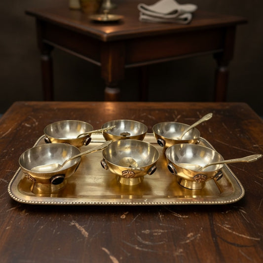 1979 Antique Brass Dessert Set with Décor Bowl & Tray | Traditional Dining & Display Collection
