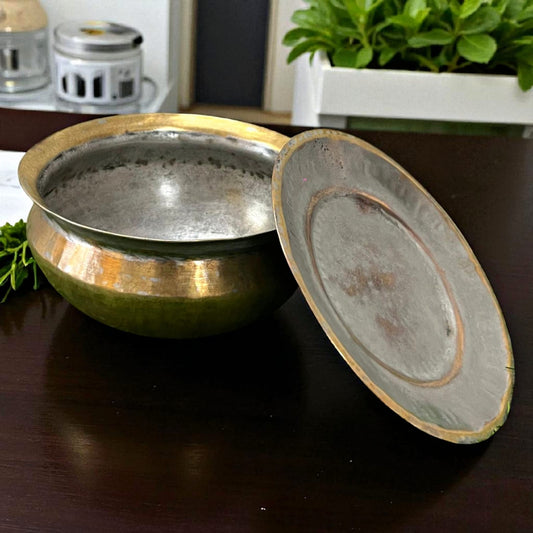 Antique Brass Deg with Lid | Pital Traditional Bhagona | 1 litre Capacity