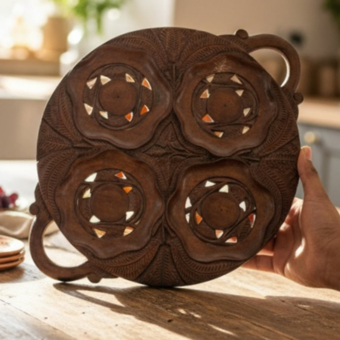 1972 Antique Teakwood Serving Tray with Handles | Solid Wood Display Tray - Bombay Antiques