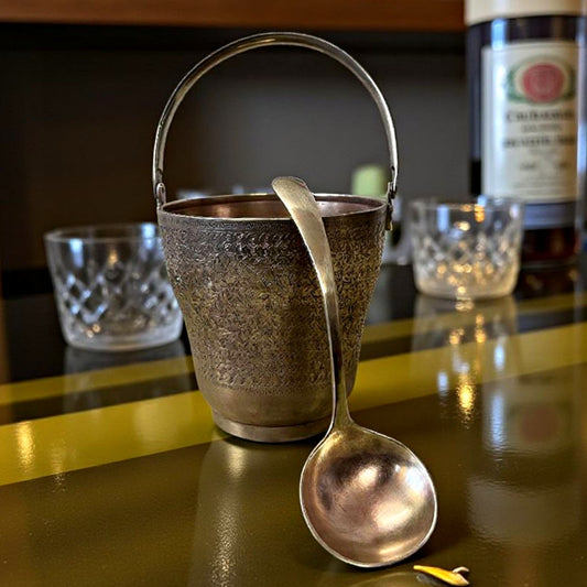 Antique Brass Engraved Small Bucket with Spoon | Traditional Serveware & Decor