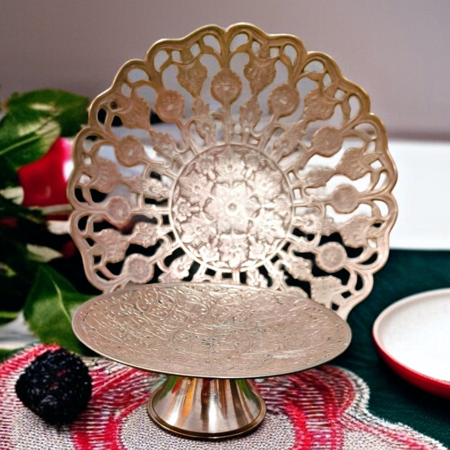Antique Brass Fruit Serving Bowl with Stand | Ornate Utility Décor | Tableware