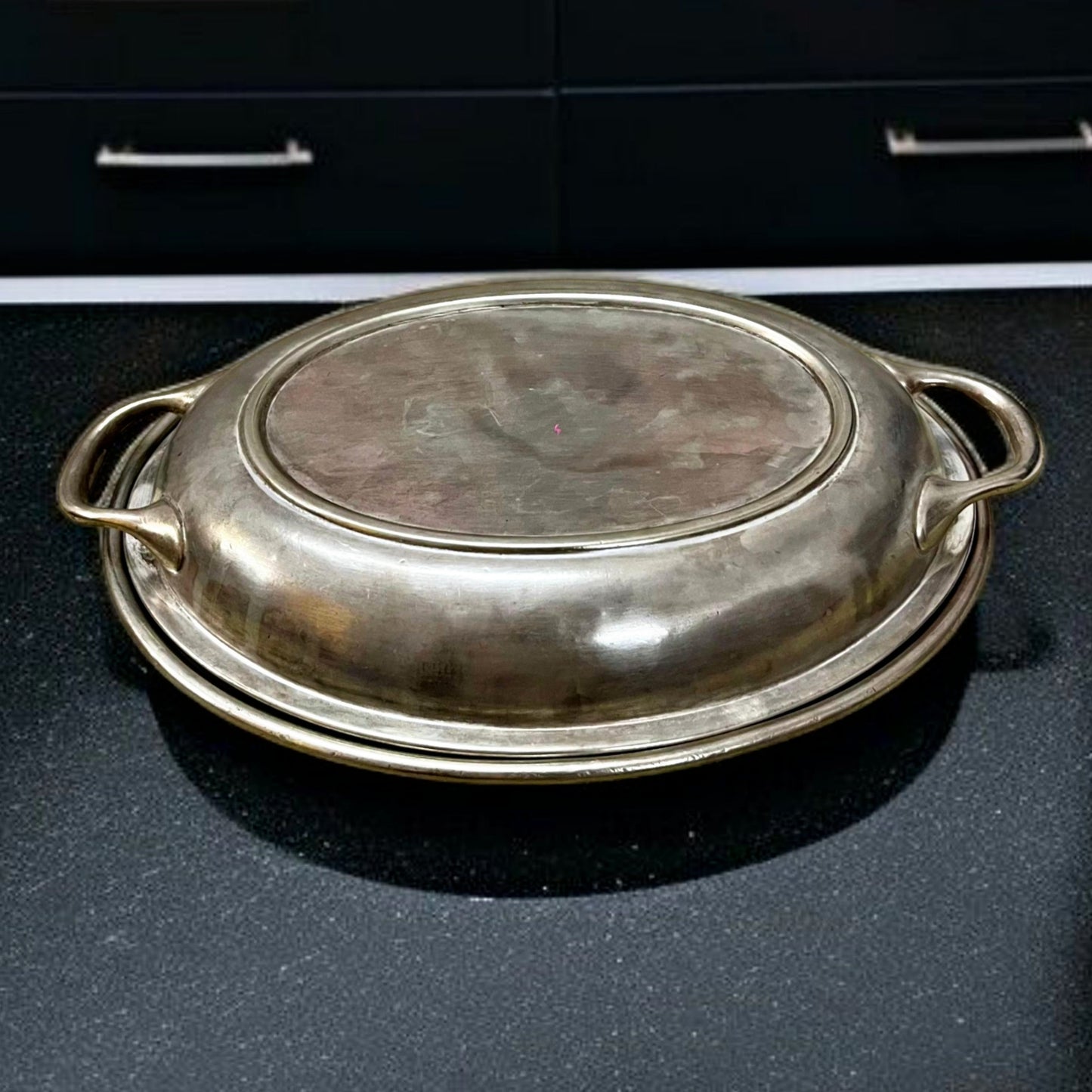 Antique Brass Silver Coated Dish with Lid & Spoons | Traditional Serveware & Decor Piece