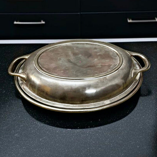 Antique Brass Silver Coated Dish with Lid & Spoons | Traditional Serveware & Decor Piece