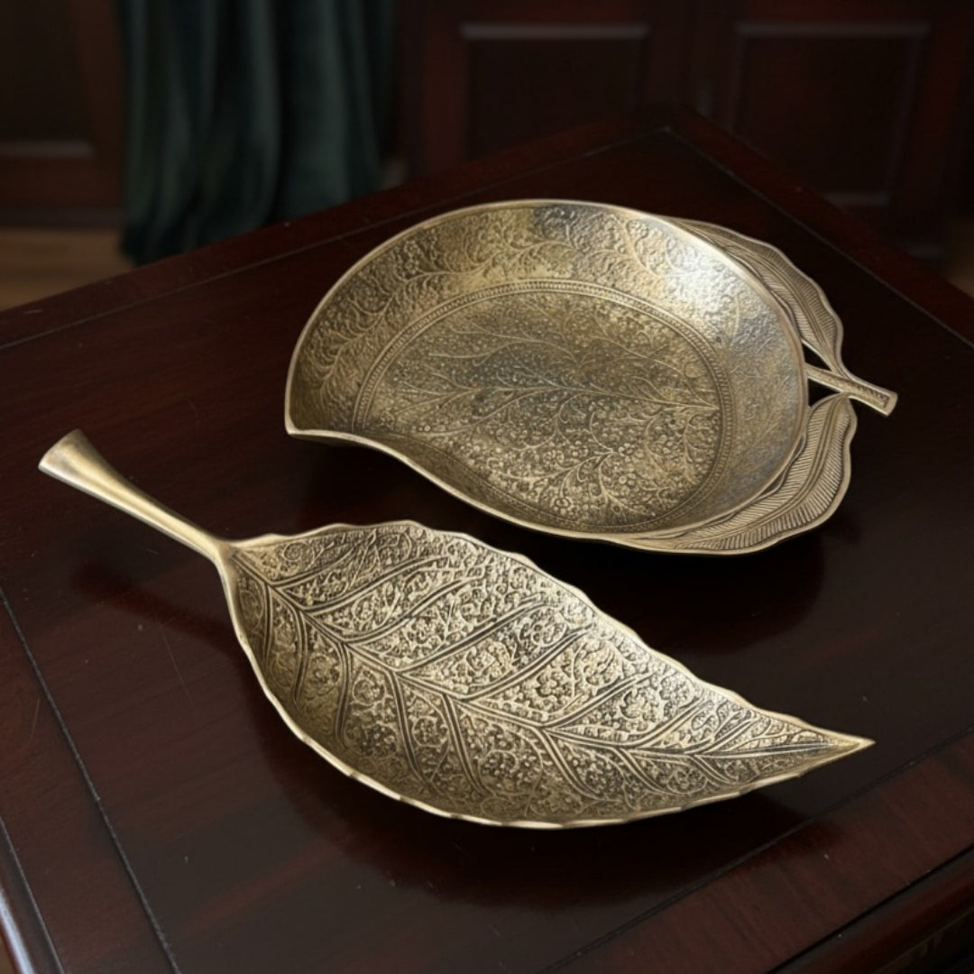 1964 Antique Brass Leaf & Mango Shape Engraved Serving Tray Pair