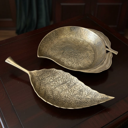 1964 Antique Brass Leaf & Mango Shape Engraved Serving Tray Pair