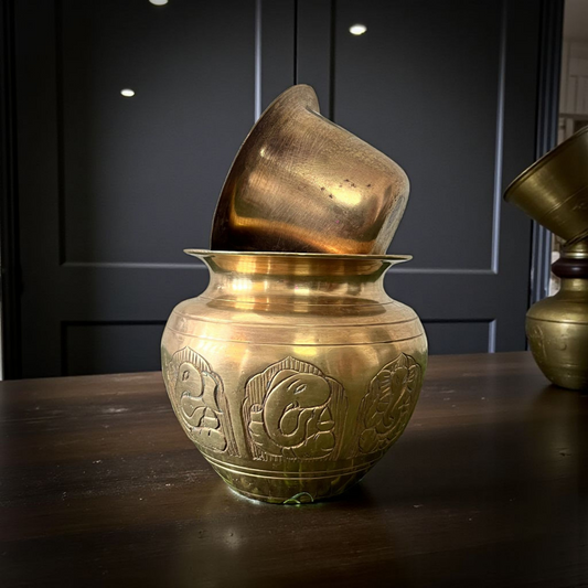 Antique Brass Engraved Kalash with Pyala | Pittal Traditional Lota with carvings