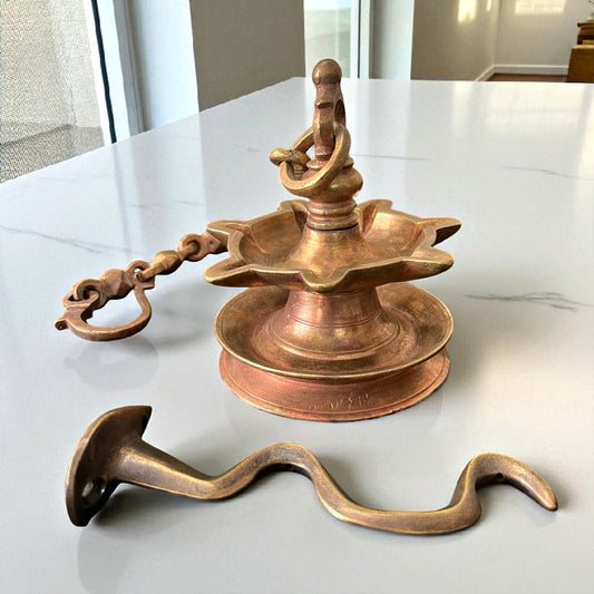 Antique Brass Laman Diva with Hook | Pital Traditional Hanging Oil Lamp with Wall Mounting Hook