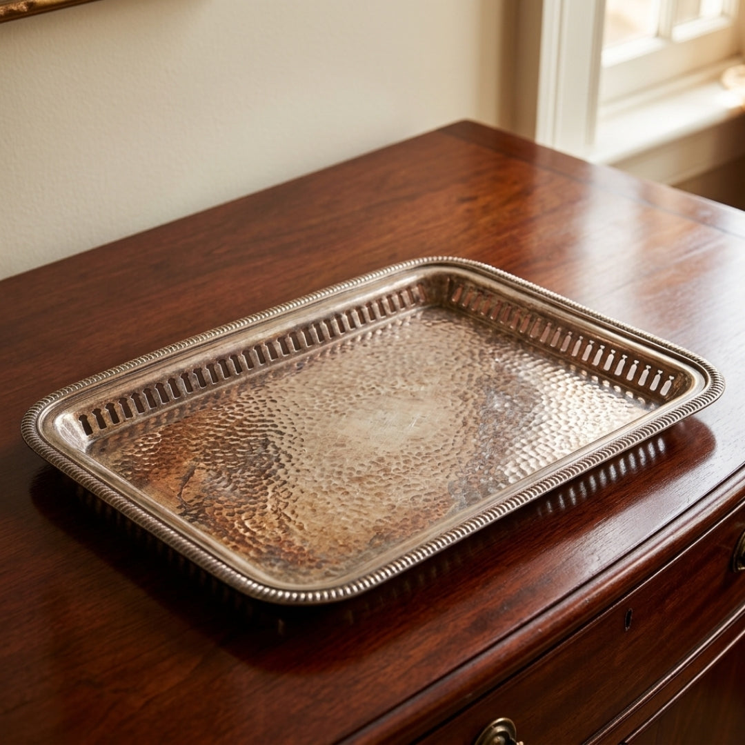 Antique Silver Coated Brass Serving Tray | Silver Plated Brass Decorative Tray | Made in 1980