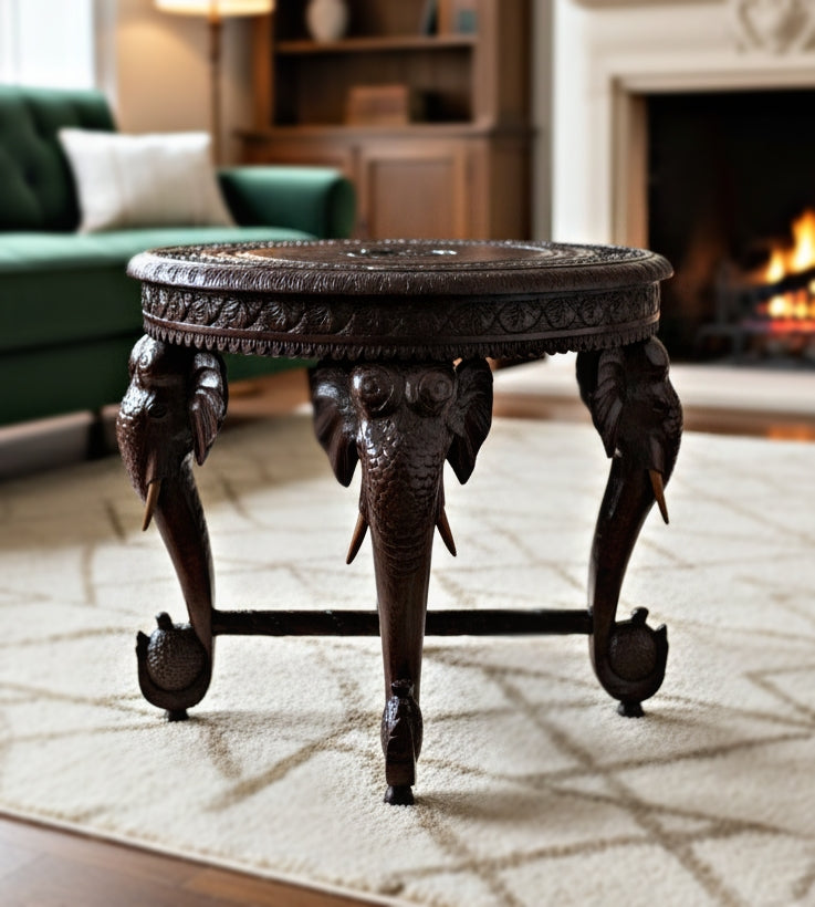 Angelo Indian Rosewood Table  with Elephant Carved Motif