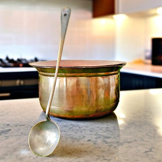 Antique Brass Tapeli with Copper Lid and Ladle | Traditional Kitchen Charm | Décor & Utility