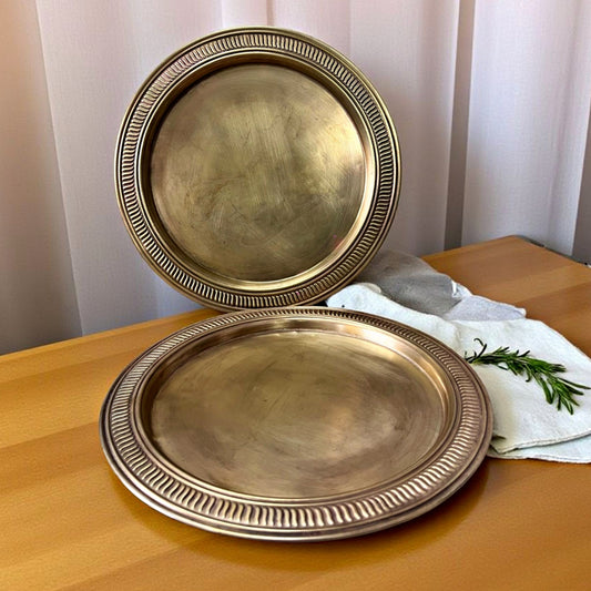 Antique Brass Plates Pair | Traditional Ornated Border Serving & Décor