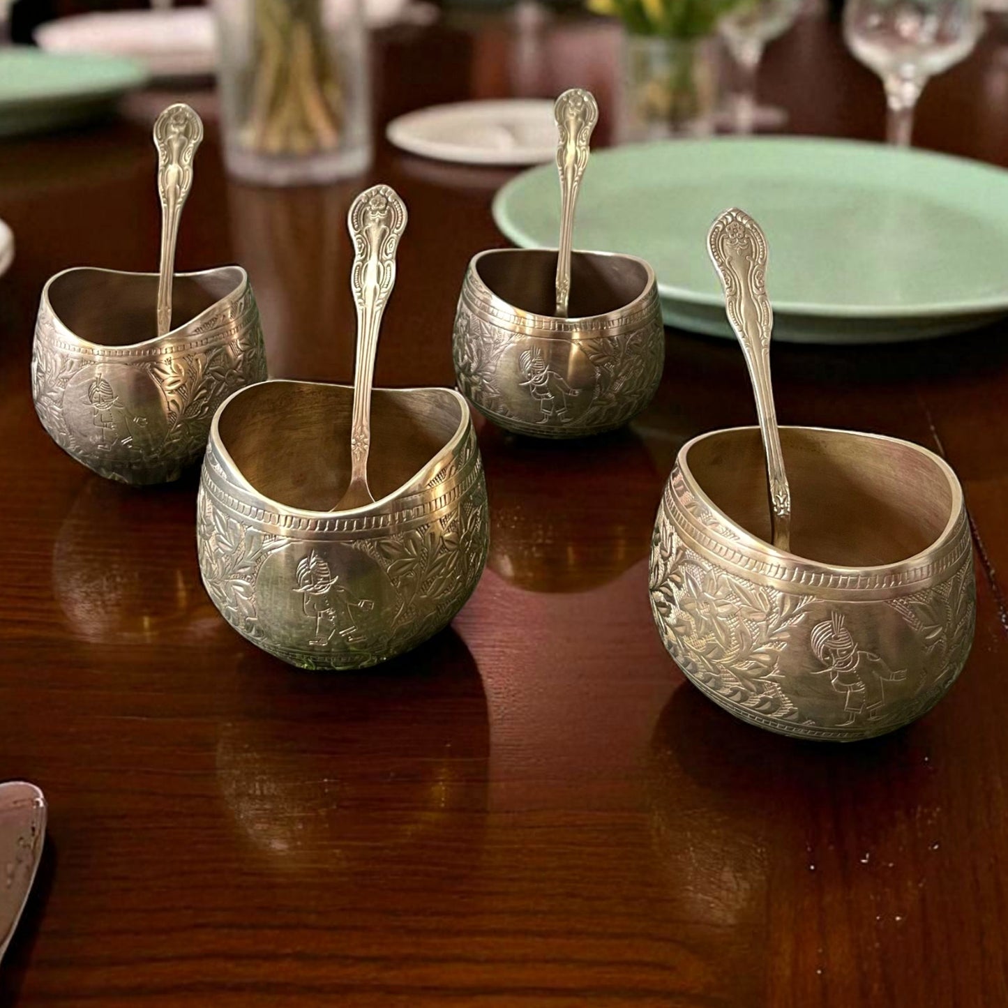 Antique Brass Engraved Bowls with Spoons from AI | Pital Traditional Serving Set ki