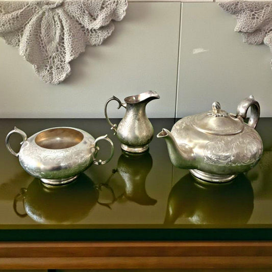 1985 Antique Brass Silver-Coated Tea Serving Set with Siders | Traditional Tableware & Décor