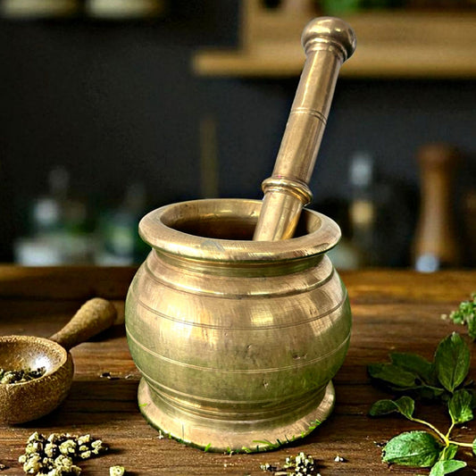 Antique Brass Rare Shape Khalbatta| Traditional Pital Grinder & Mortar