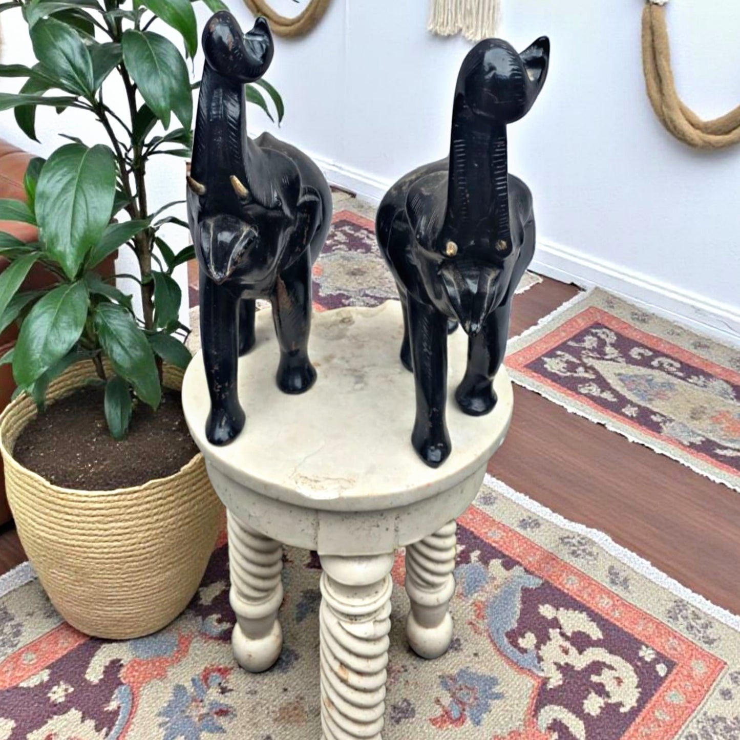 Antique Rosewood Elephant Pair | Decorative Wooden Animal Figurines