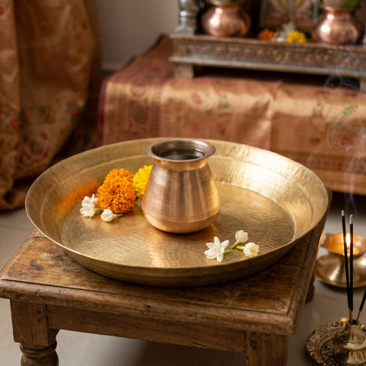 Antique Peetal Paraat with Kalash Set | Pure Brass Serving & Décor Set | Made in 1970