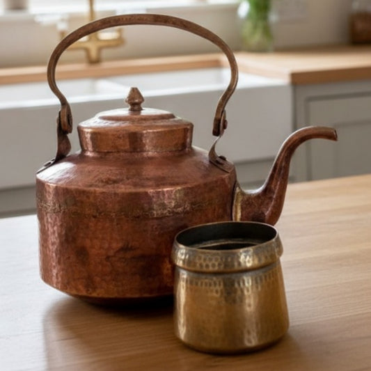 1989 Antique Copper Kettle with Brass Glass | Solid Metal Beverage Set