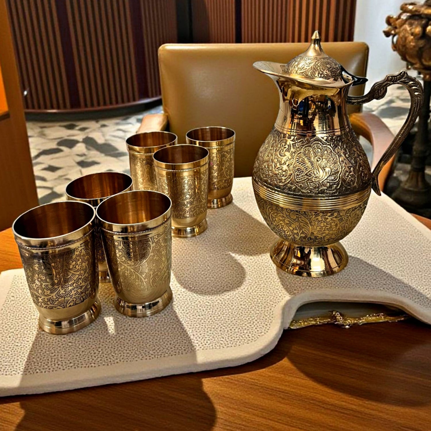 Brand New Brass Engraved Refreshments Set | Traditional Jug & Glass Collection - Bombay Antiques