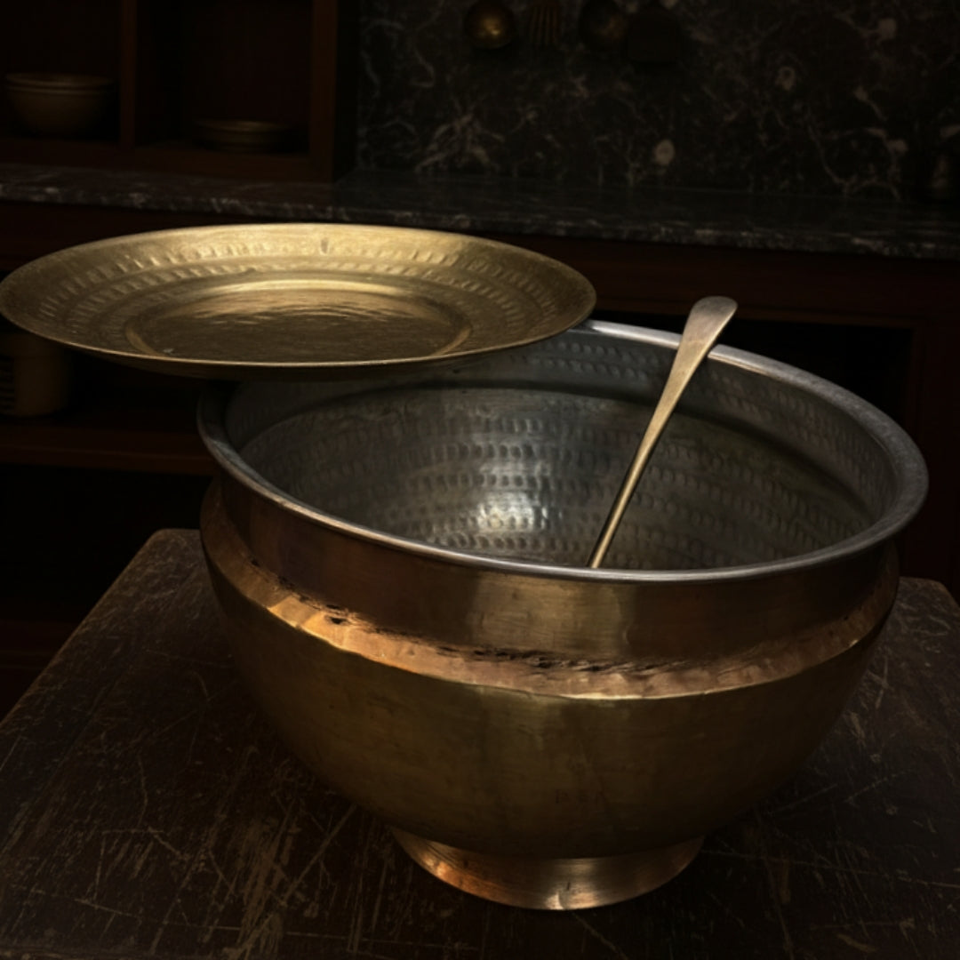 1974 Antique Brass Long Cooking Bowl with Lid, Ladle & Stand | Traditional Kitchen & Dining Utensil