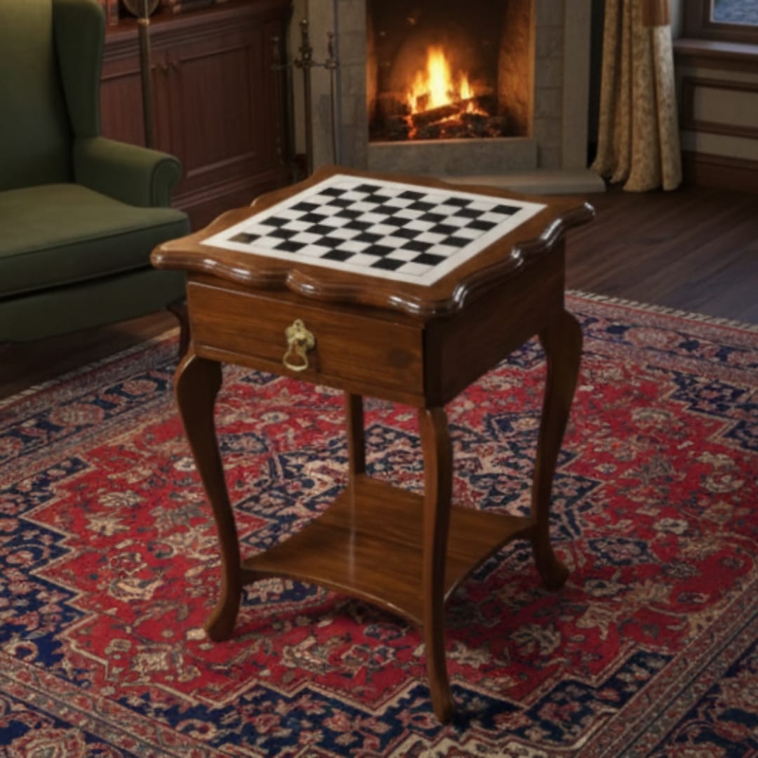 1998 Vintage Queen Anne Style Chess Table | Classic Wooden Furniture with Inlaid Board