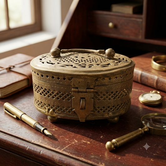 Antique Peetal Engraved Storage Lock Box | Pure Brass Decorative Storage Box | Made in 1970
