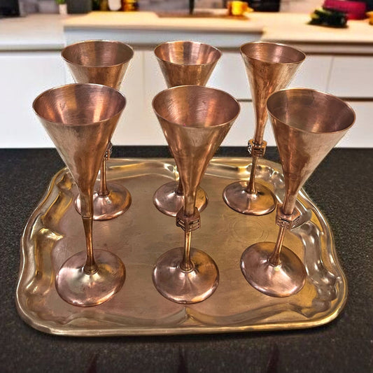 Antique Brass Refreshments Set | Tall Pital Glasses with Serving Tray