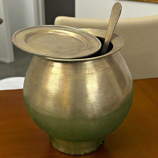 Antique Brass Patila with Lid & Ladle | Traditional Cooking Handi