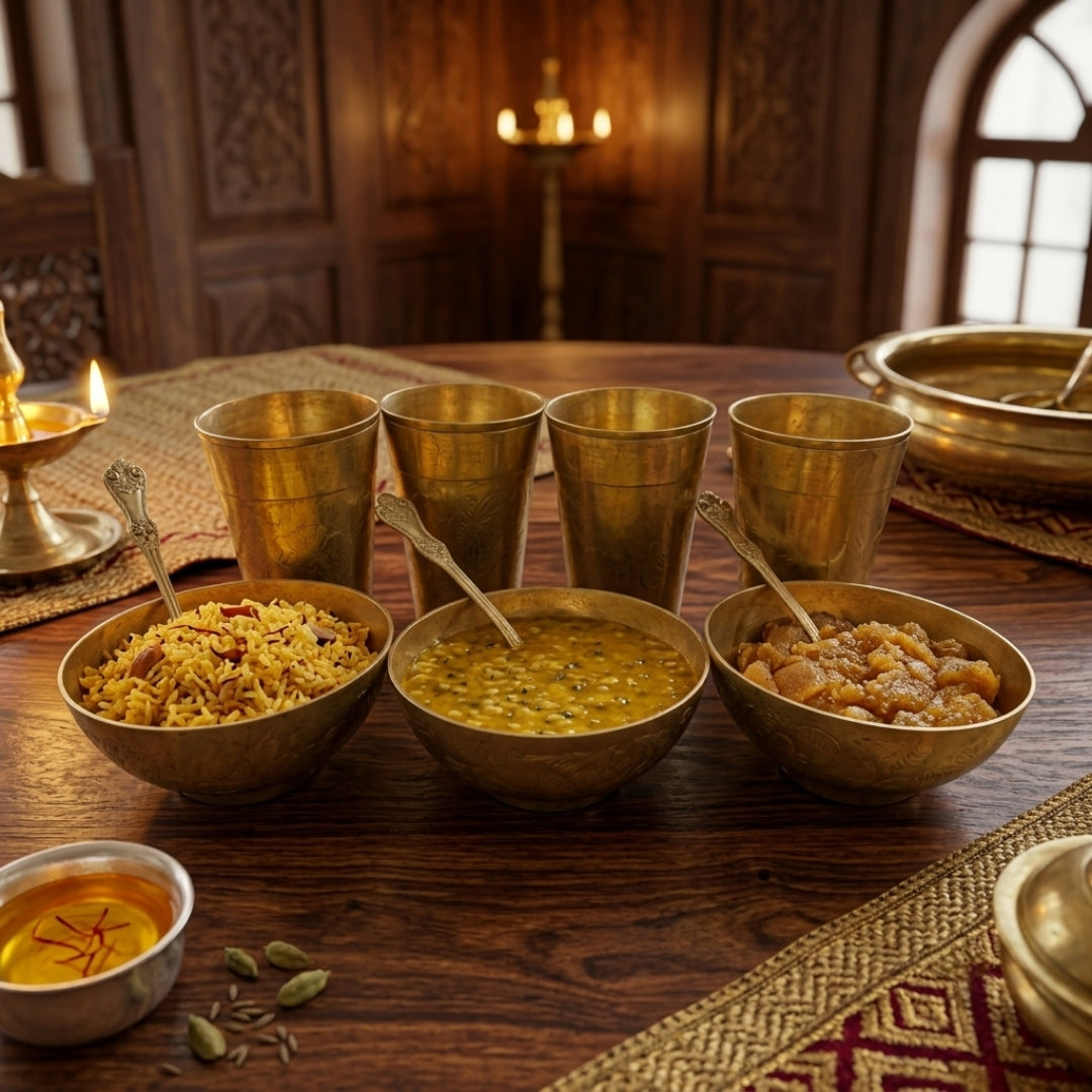 Antique Peetal Tumbler & Bowl Dining Set | Engraved Brass Glasses & Bowls | Made in 1986