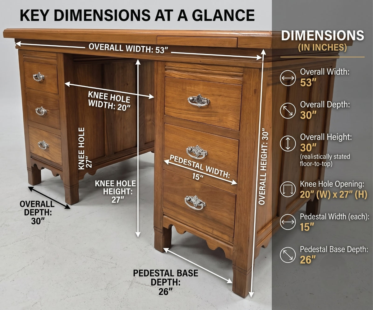 Sagwan Teak Wood 6-Drawer Executive Desk | Solid Teak Double Pedestal Desk with Ornate Brass Pulls | Inspired by Heritage Colonial Design