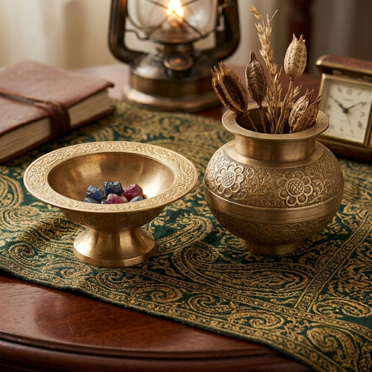 Vintage Peetal Engraved Bowl & Vase Set | Brass Decorative Display Set | Made in 1990