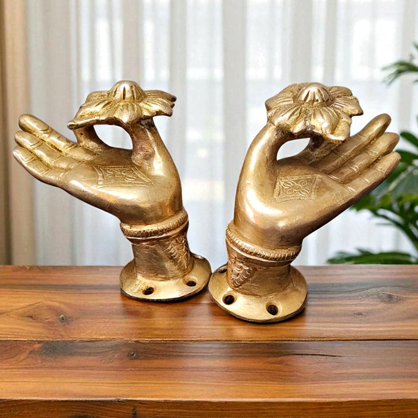 Antique Brass Hand Mudra Knobs Pair | Pital Traditional Door/Cabinet Handle Set
