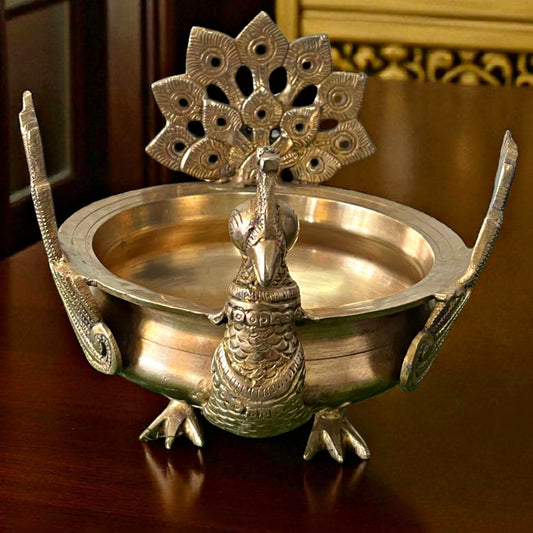 Antique Brass Urli Bowl with Peacock Design | Traditional Decor Piece