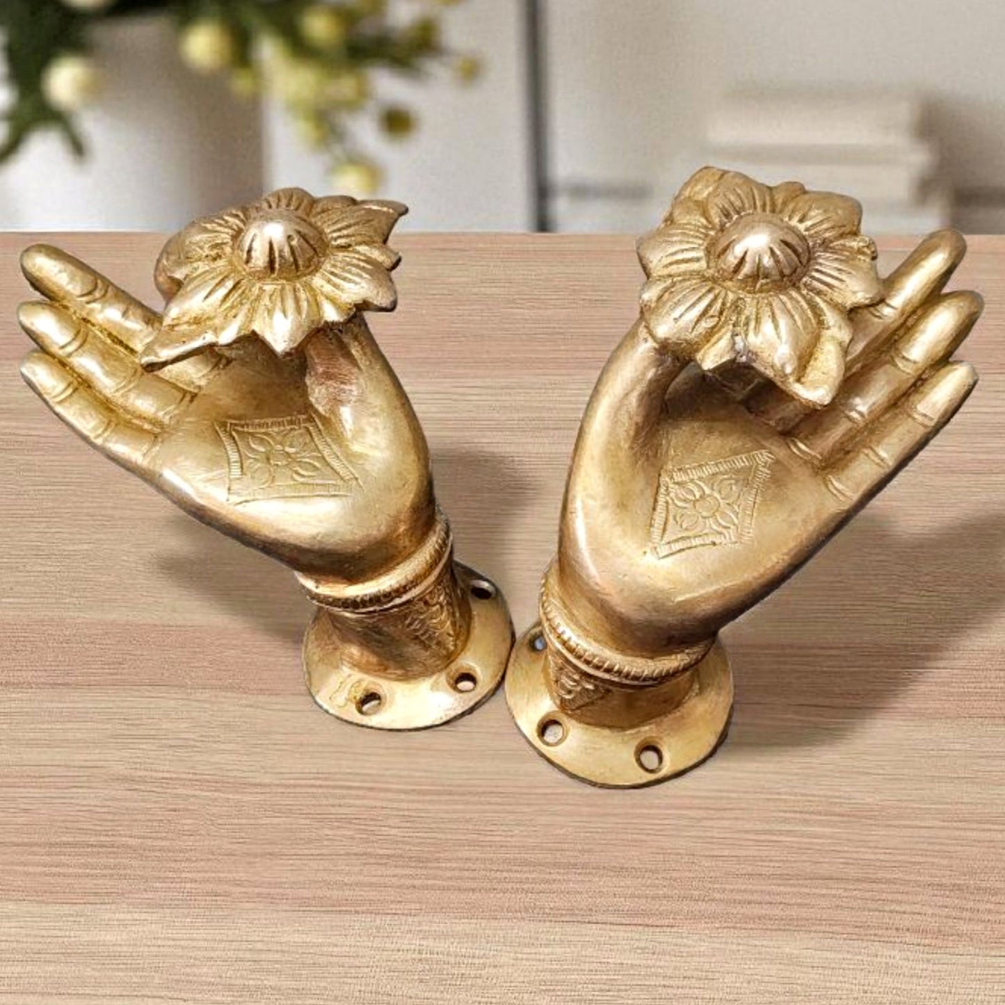 Antique Brass Hand Mudra Knobs Pair | Pital Traditional Door/Cabinet Handle Set