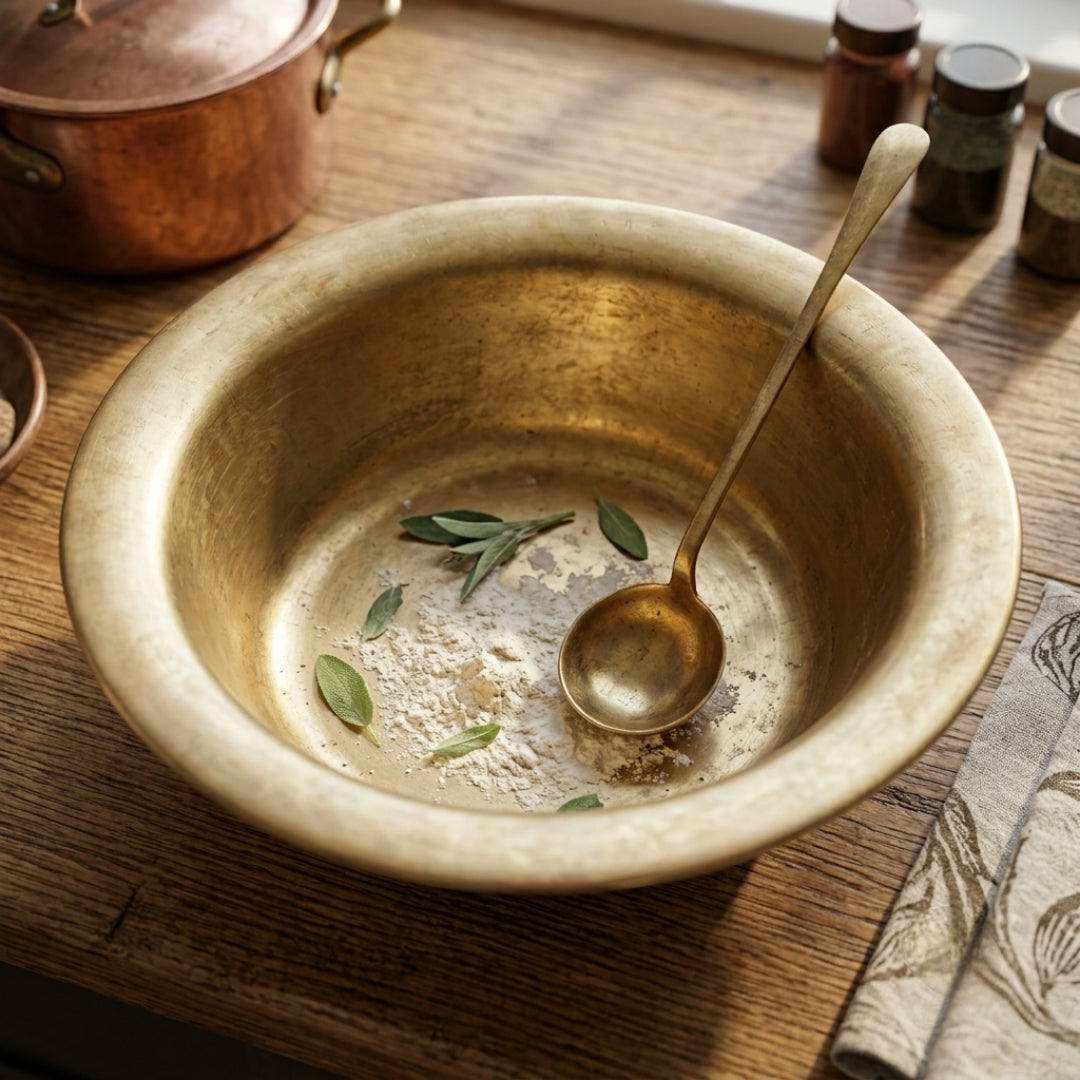 Antique Peetal Large Serving Paraat with Matching Ladle | Pure Brass Kitchen & Display Bowl | Made in 1980