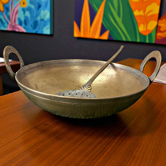 Antique Brass Chinese Kadai with Ladle | Pital Traditional Cooking Vessel