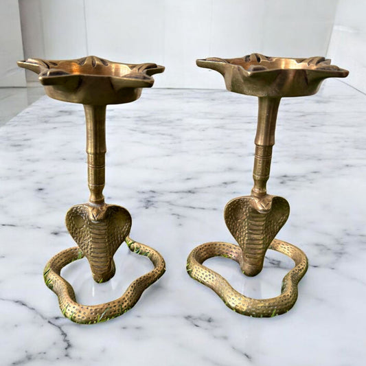 Antique Brass Naga Deepak | Pital Five-Wick Oil Lamp Pair