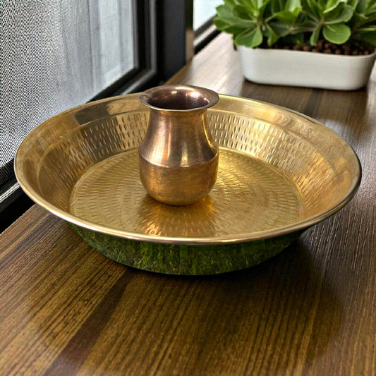 Antique Brass Paraat with Kalash | Brass Plate with Small Pot for Home & Festive Use