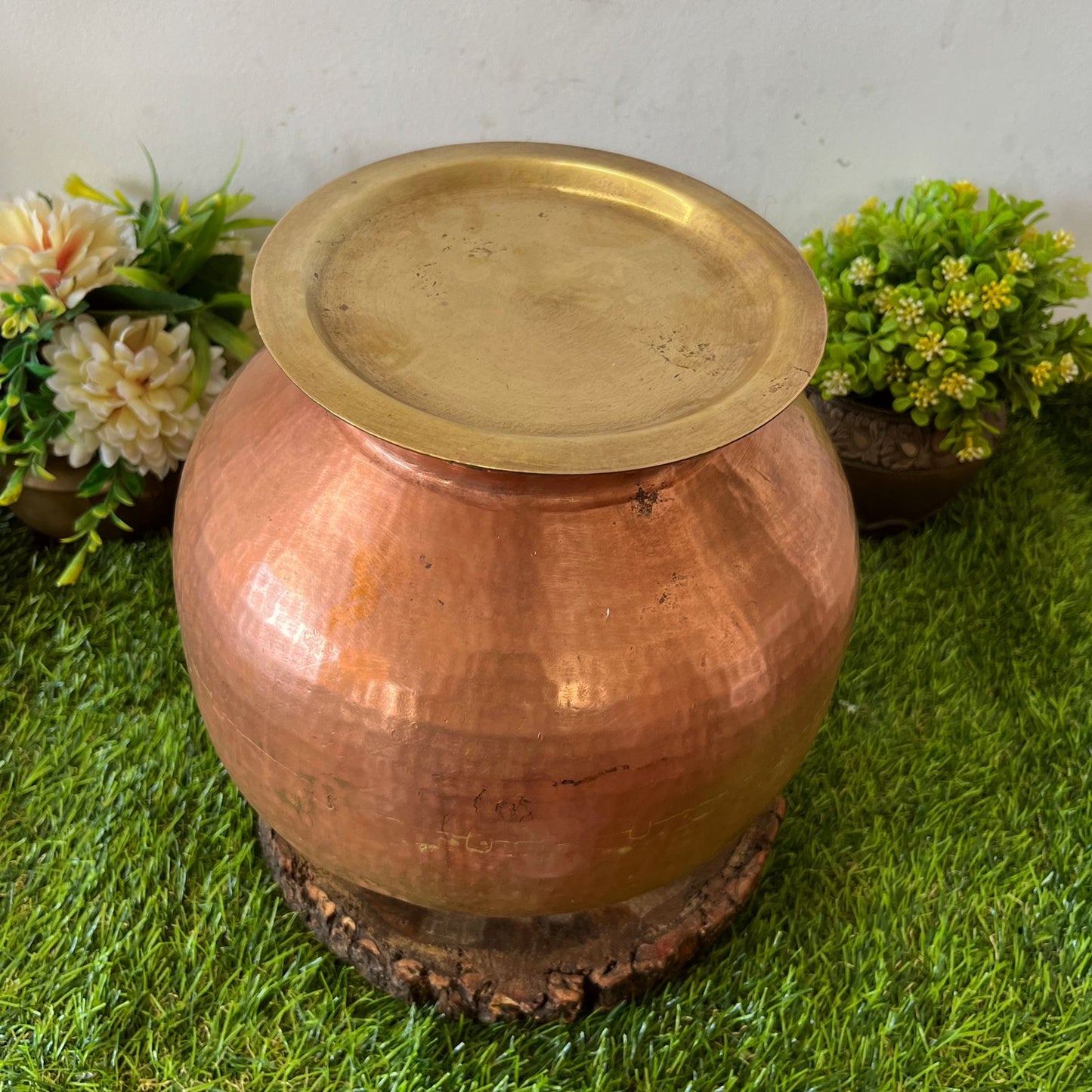 Antique Copper pot with Brass Lid & Stand