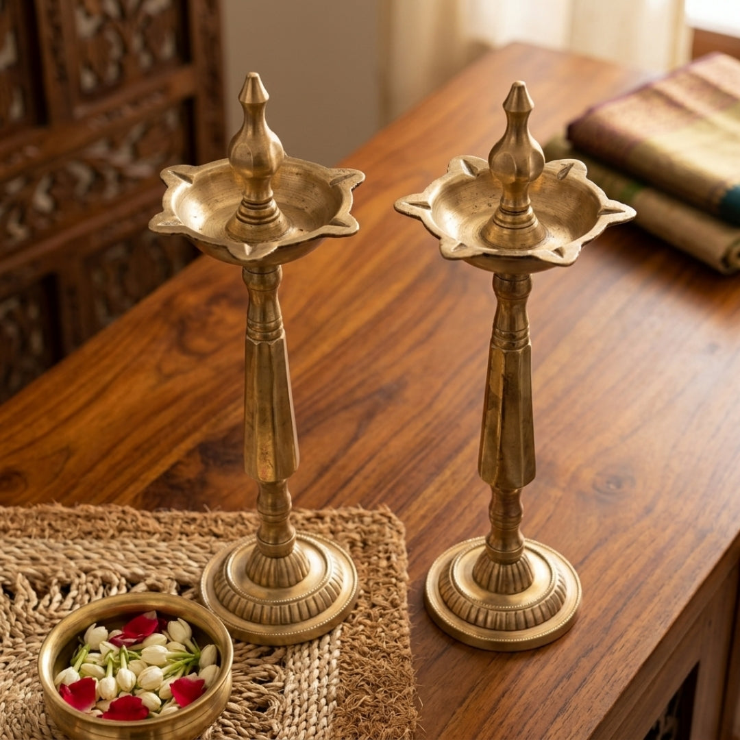 Antique Peetal Standing Oil Lamp Pair | Tall Brass Diya Lamp Stands | Made in 1978