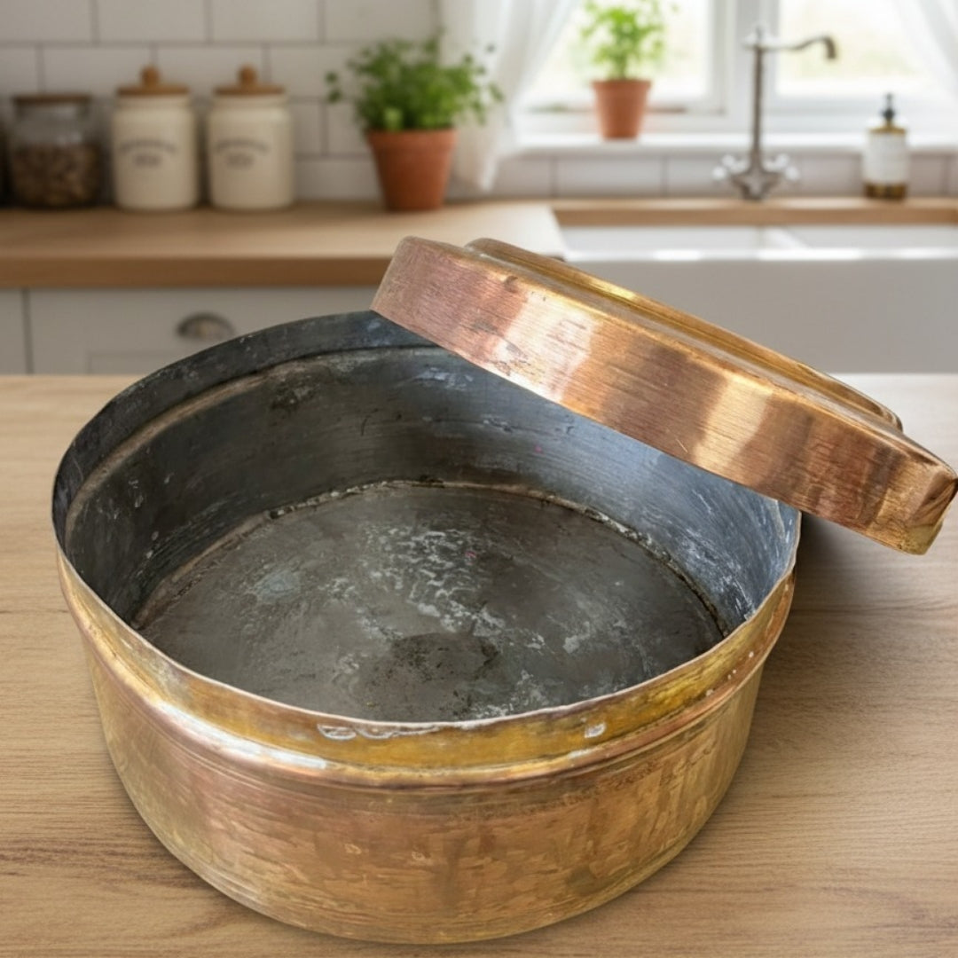 1987 Antique Brass Chapati Box | Large Brass Roti Storage Container